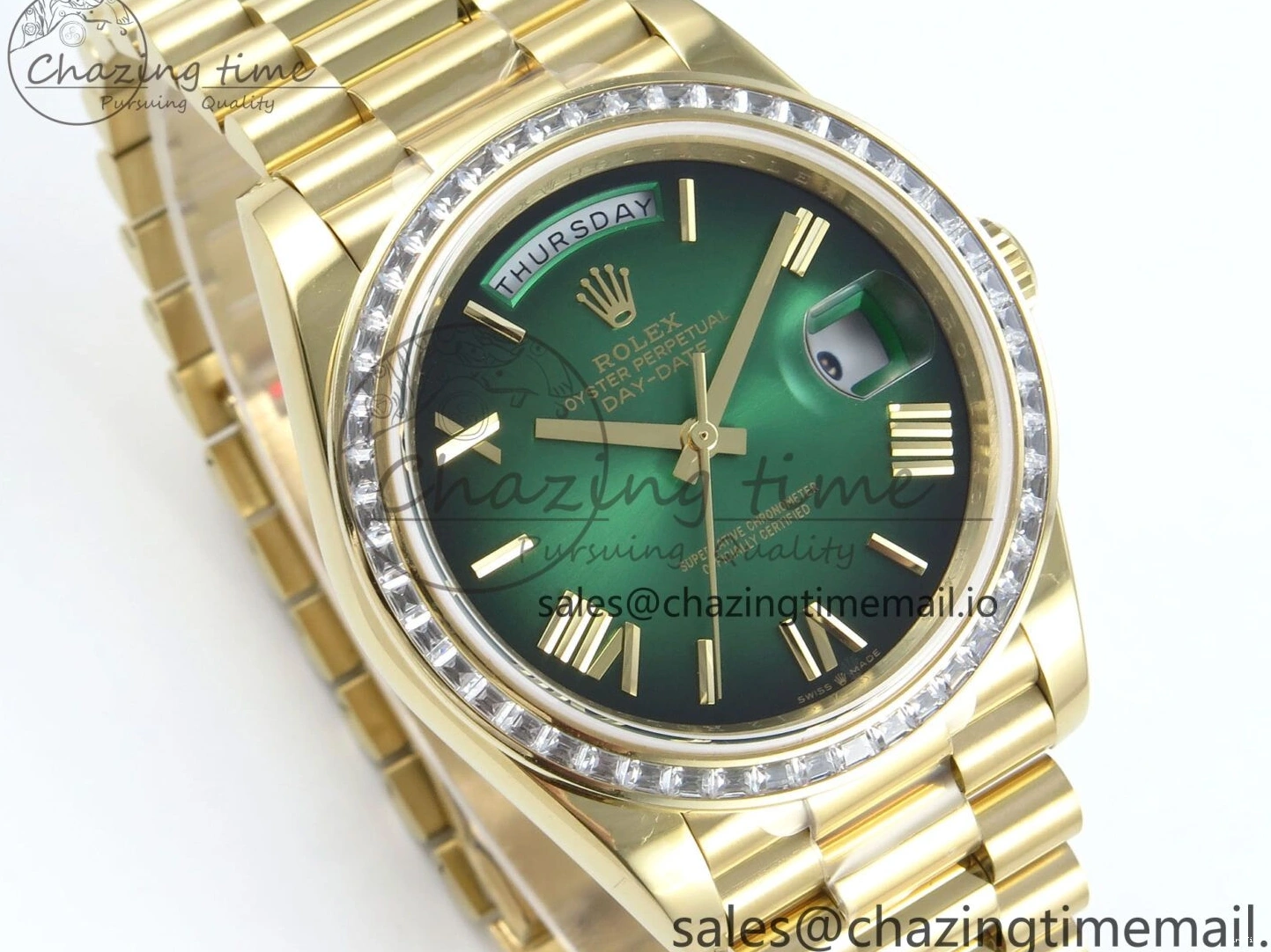 MiroTime 1224 TechFriendly DayDate 40 YG QF 1:1 Best Edition Green Black Dial Diamonds Bezel on President Bracelet A2836 V5 (Gain Weight) 490